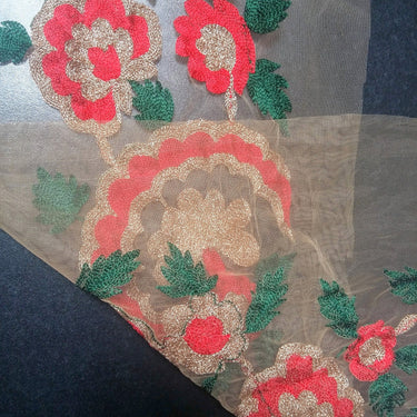 Beige Soft Net Lace Trim With Red, Green And Gold Floral Embroidery, Indian Trims